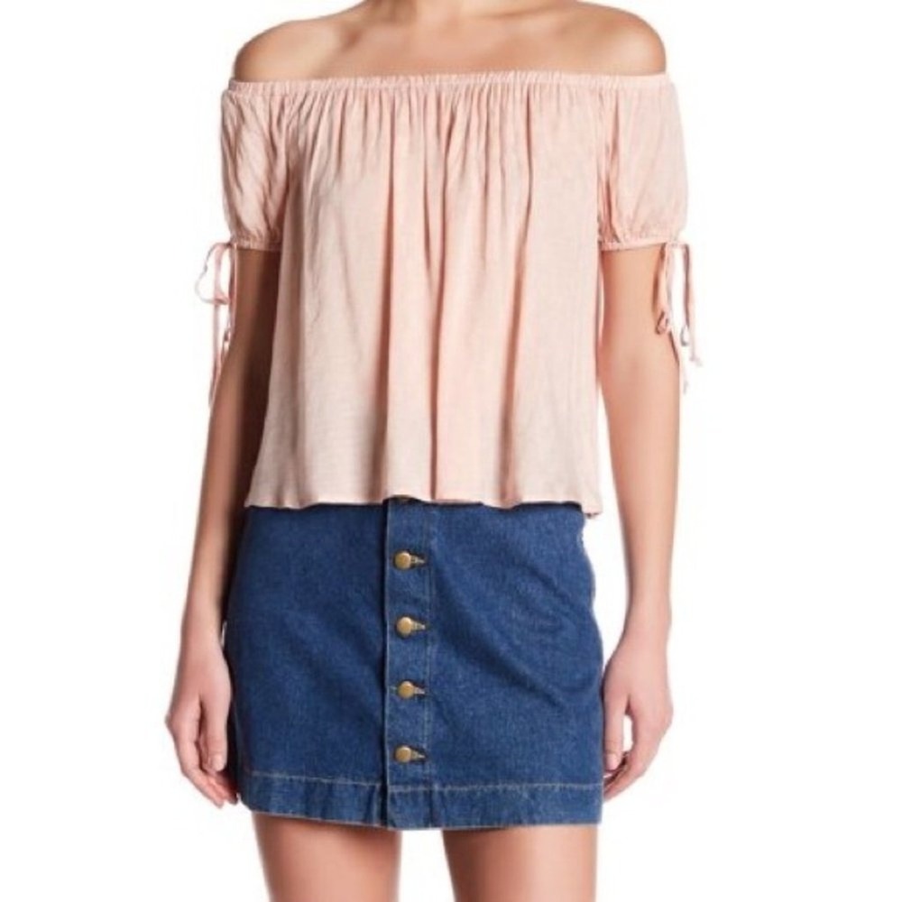 Lush Blush Pink Off The Shoulder Tie Sleeve Jacquard Blouse Small